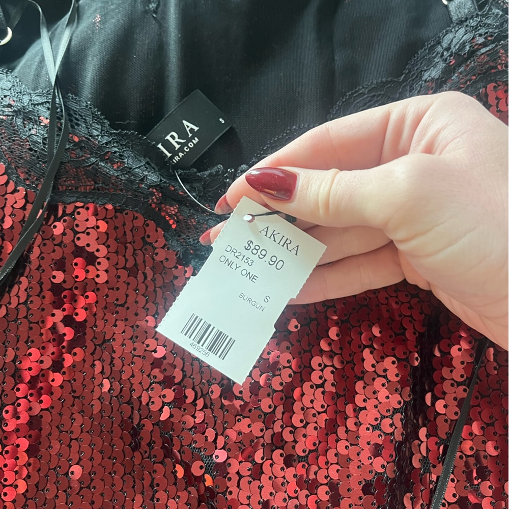 AKIRA Red Sequin Maxi Slip Dress with Black Lace Trim - Picture 6 of 6
